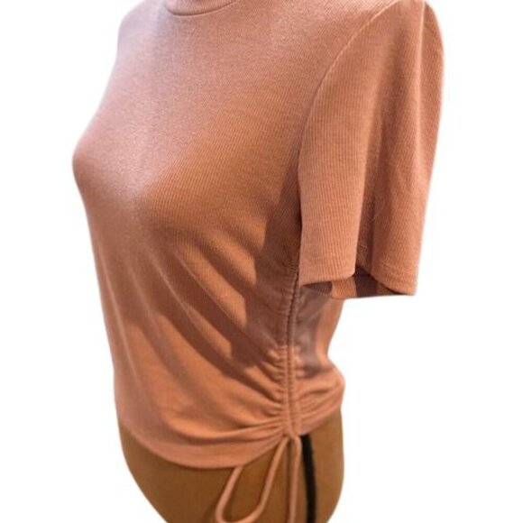 Zara Ribbed and Side Ruched Short Sleeve T-Shirt in Brown – Size Large - Picture 3 of 5